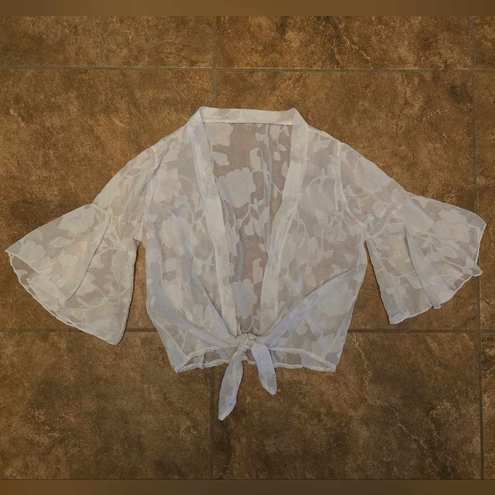 White Floral Laced Front Tied Cardigan